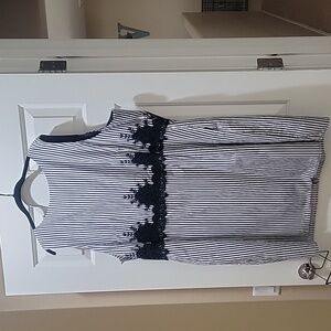 Blue and white stripped dress with dark blue lace at waste. Has Pockets